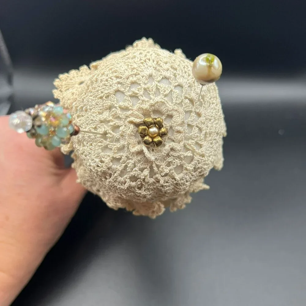 Vintage‎ Copper Goblet Upcycled to Pin Cushion vintage Doily Beads